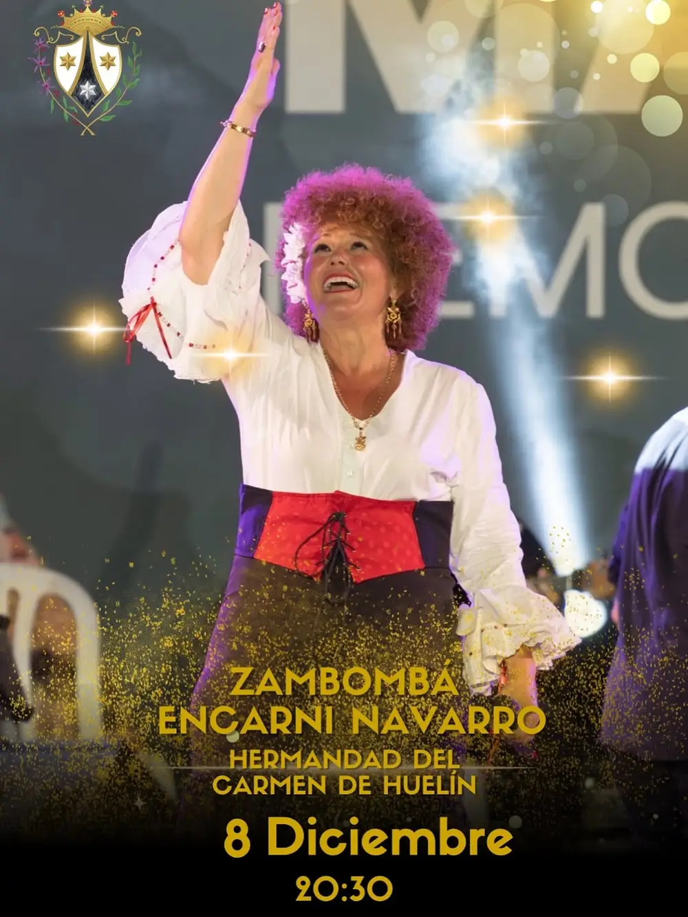 Cartel del evento Zambomba Marenga, 7-8 Dic, mostrando gráficos festivos, detalles del evento y actuación de Encarni Navarro.