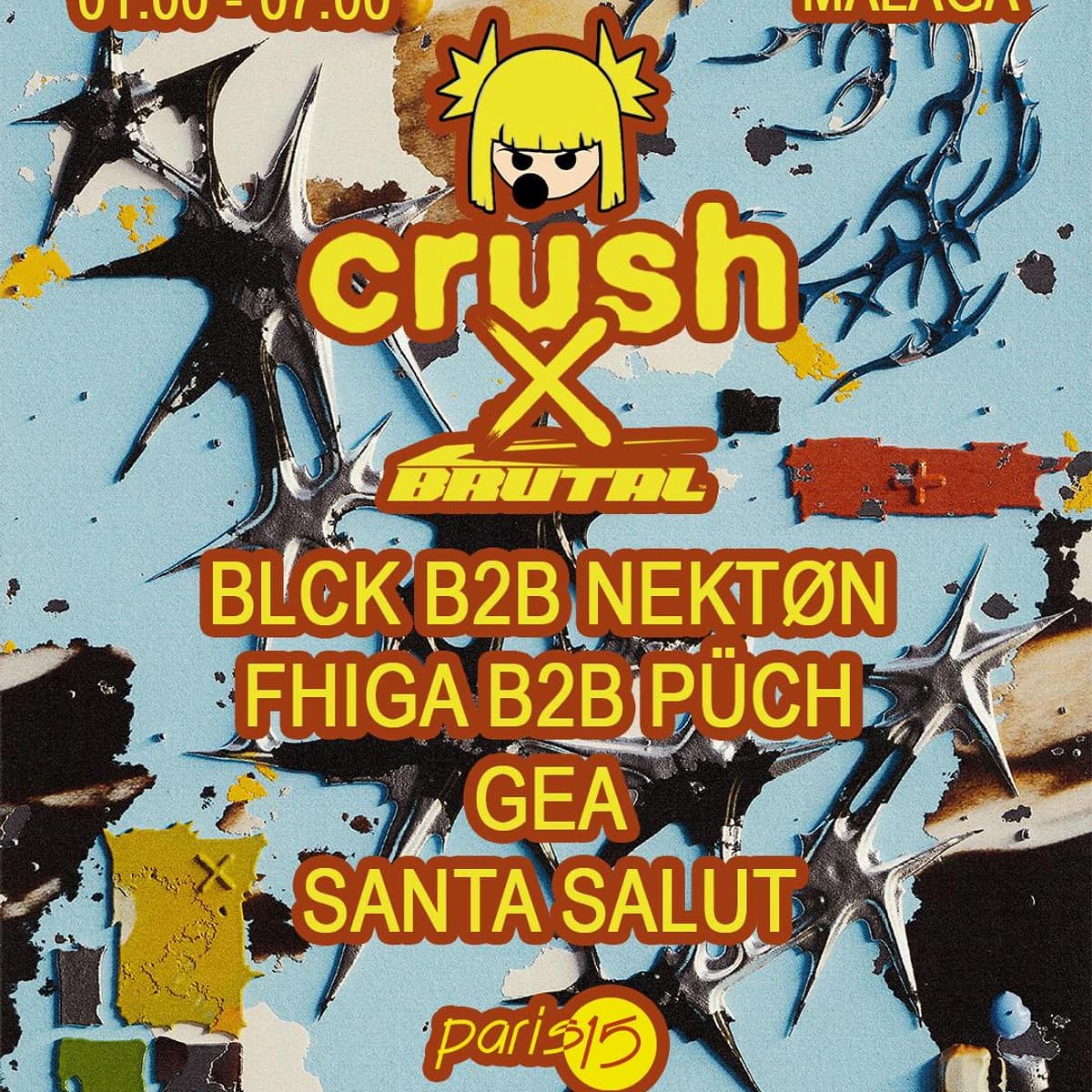 Evento CRUSH X BRUTAL de hard techno y euro dance en directo en la Sala Paris 15 de Málaga