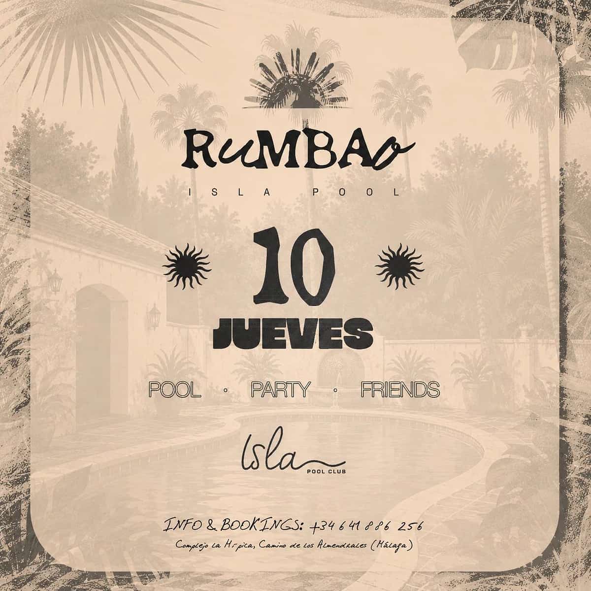 Cartel de RUMBAO en Isla Pool Club con estética beige y retro, palmeras, piscina de fondo y mensajes “Pool · Party · Friends” y jueves 10.