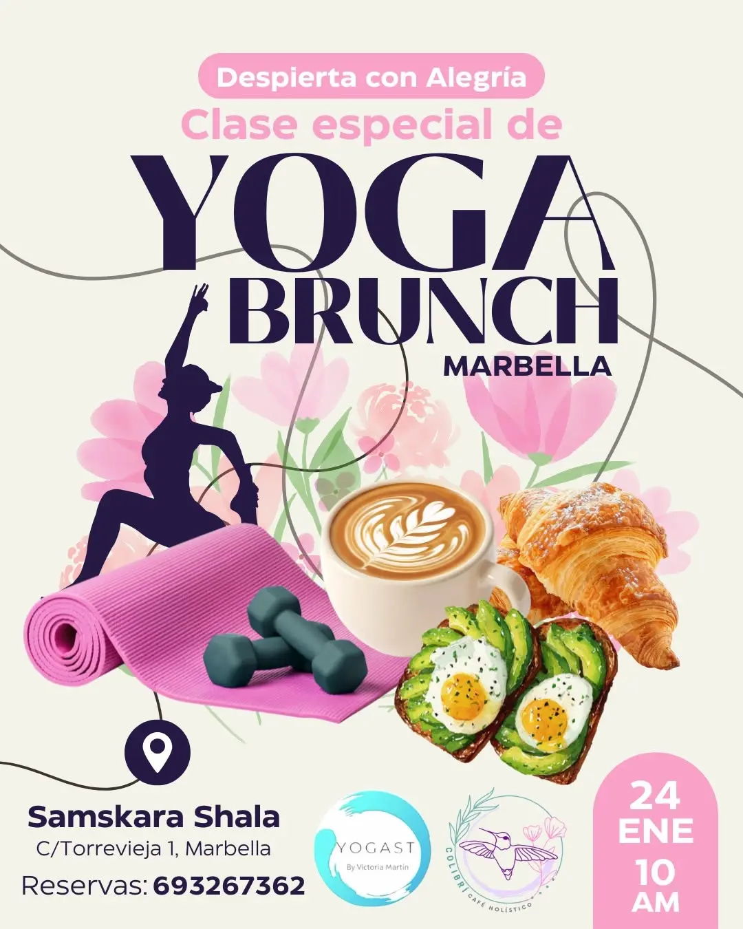 Cartel del evento Yoga & Brunch en Marbella, con ilustración de yoga, esterilla, café, croissant y brunch saludable, anunciando una clase especial en Samskara Shala.