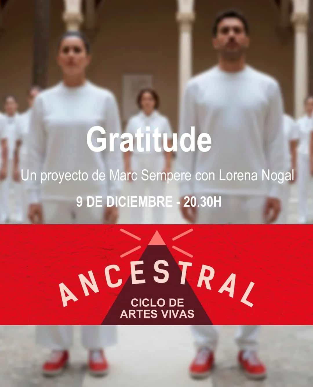 Cartel del evento 'Gratitude' en Museo Carmen Thyssen Málaga con Marc Sempere, Lorena Nogal y Edu Ostos, con detalles de fecha y hora.