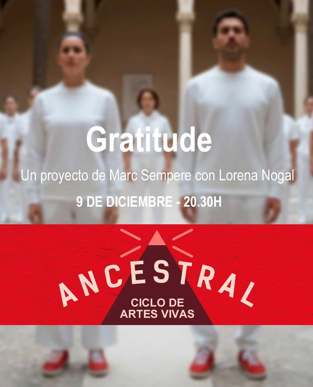 Cartel del evento 'Gratitude' en Museo Carmen Thyssen Málaga con Marc Sempere, Lorena Nogal y Edu Ostos, con detalles de fecha y hora.