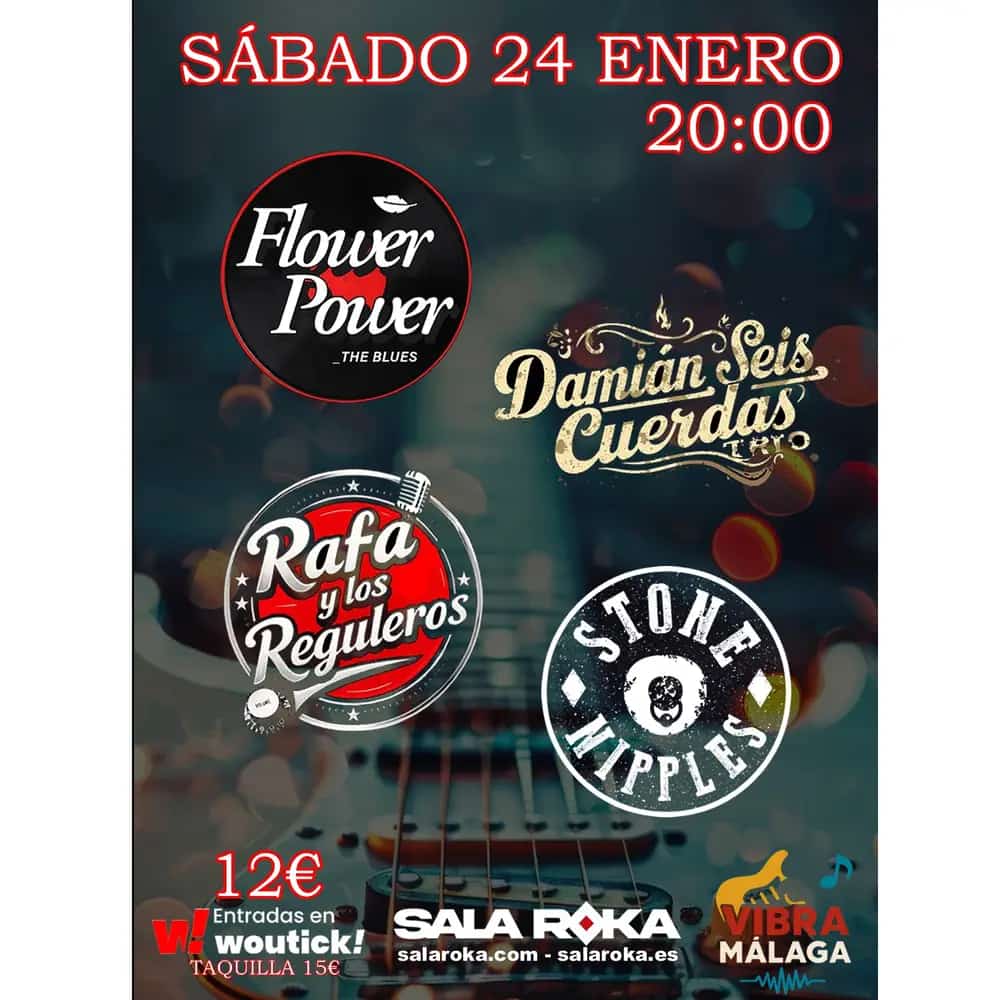 Evento de música en vivo Flower Power en Málaga con Damián Seis Cuerdas, Rafa y Los Reguleros y Stone Nipples