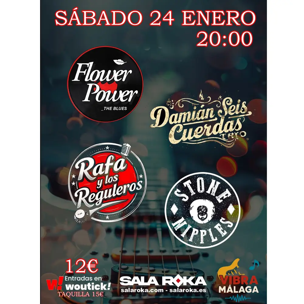 Evento de música en vivo Flower Power en Málaga con Damián Seis Cuerdas, Rafa y Los Reguleros y Stone Nipples