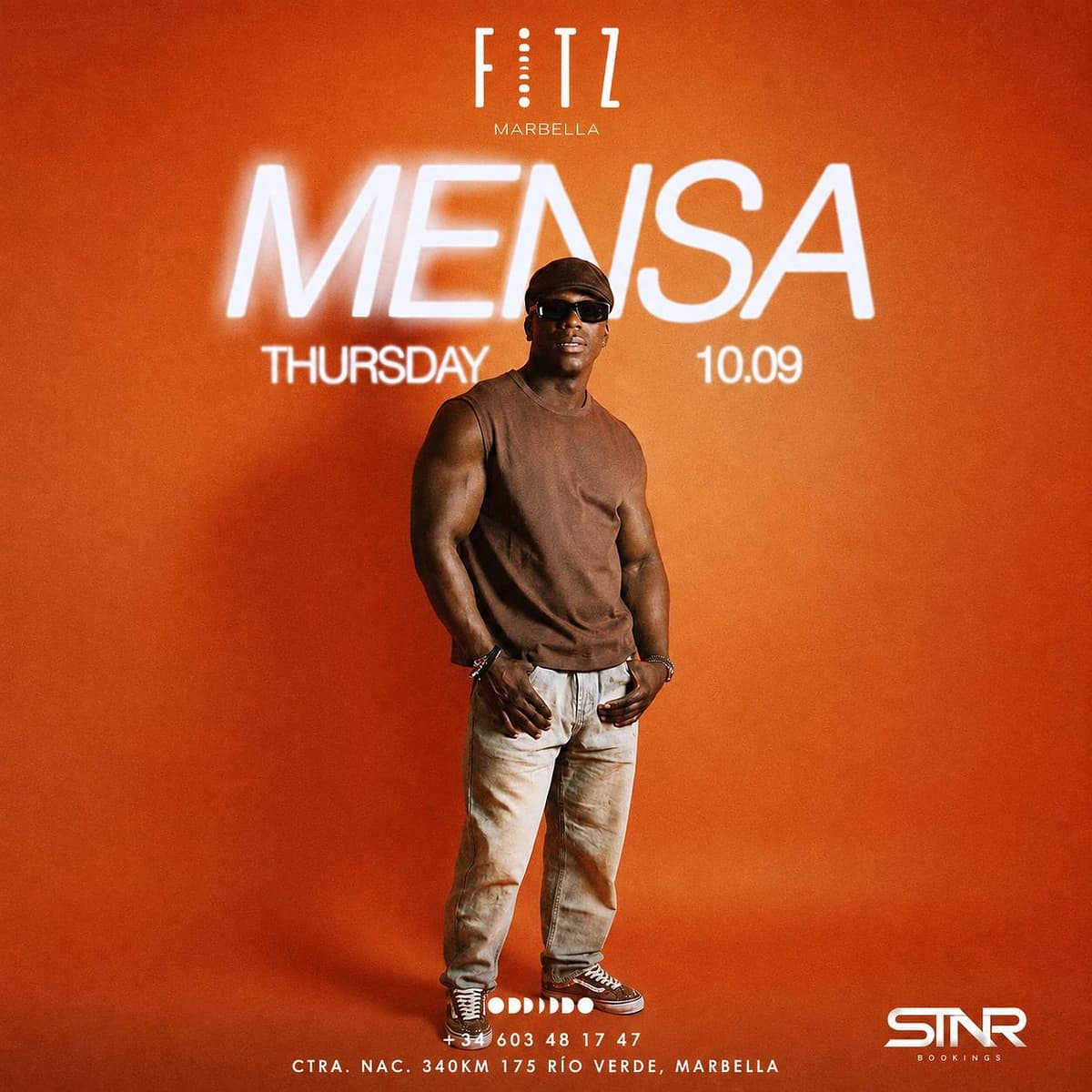 Cartel de Mensa en FITZ Marbella para el jueves 10 de septiembre, con fondo naranja, retrato del artista con gafas oscuras, logo de FITZ y tipografía blanca luminosa.