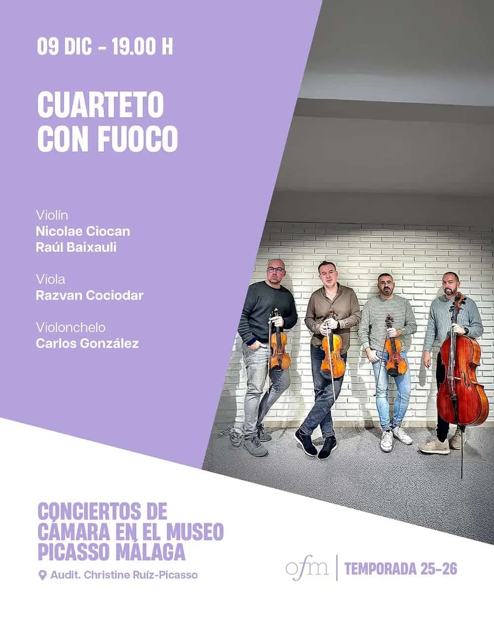 Cartel del evento con Cuarteto con Fuoco en el Museo Picasso Málaga el 9 de diciembre de 2025. Incluye nombres de los intérpretes y aspectos destacados del programa.