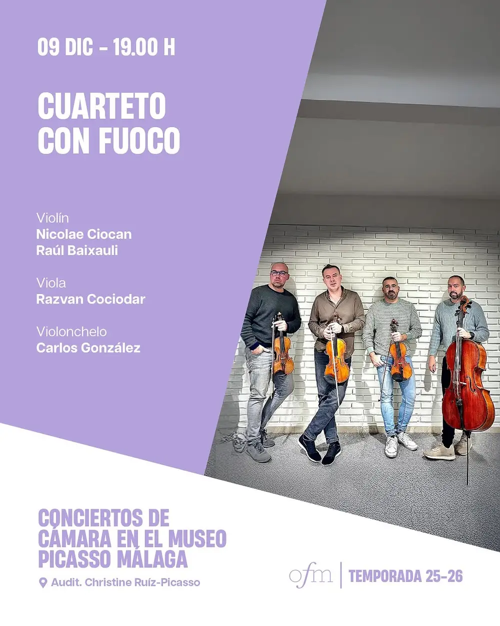 Cartel del evento con Cuarteto con Fuoco en el Museo Picasso Málaga el 9 de diciembre de 2025. Incluye nombres de los intérpretes y aspectos destacados del programa.