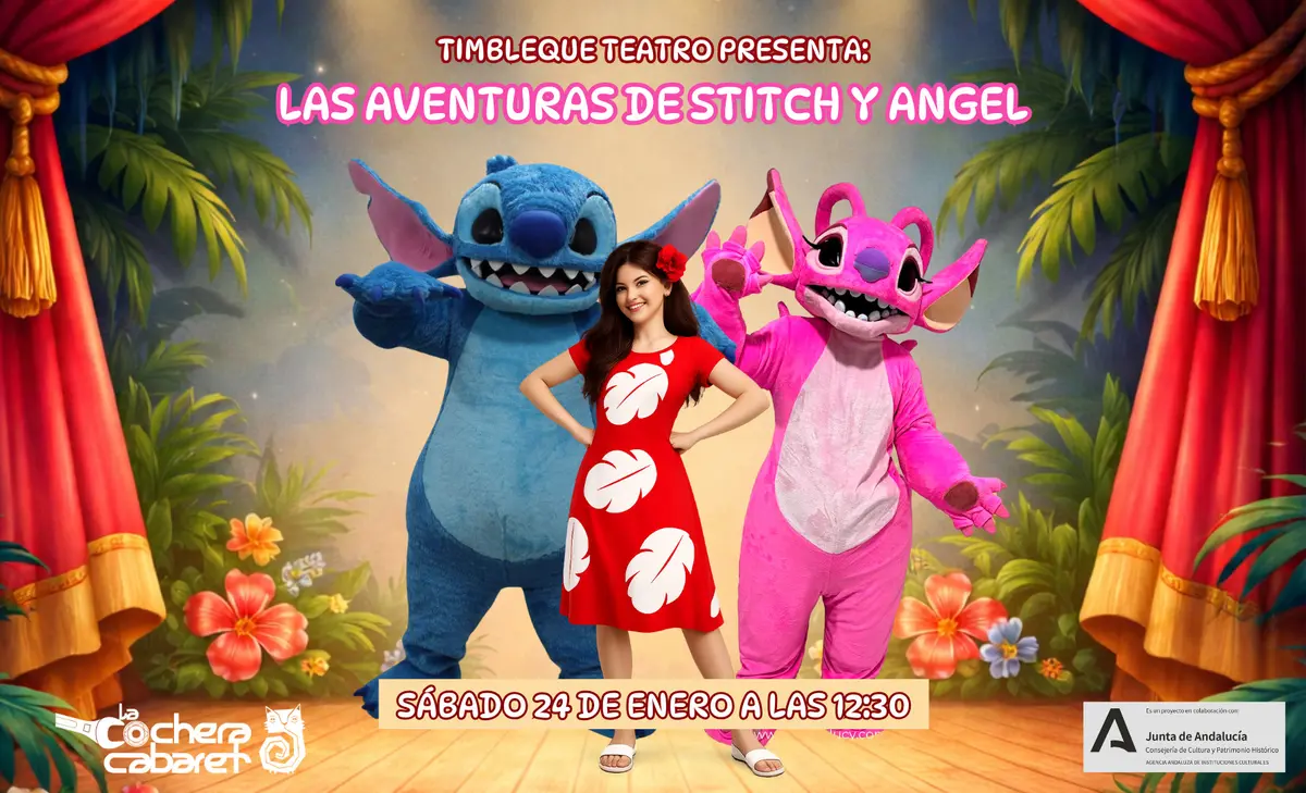 Stich y Angel actuando en un espectáculo infantil en Málaga 2026
