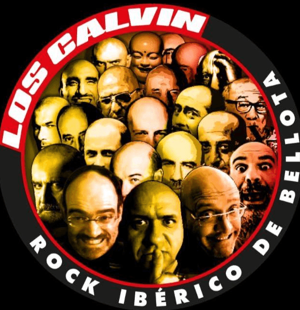 Circular emblem for Los Calvin showing dozens of bald caricatures in red-yellow-green hues encircled by the words “Los Calvin” and “Rock Ibérico de Bellota