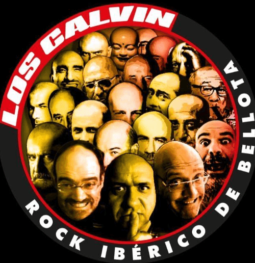 Circular emblem for Los Calvin showing dozens of bald caricatures in red-yellow-green hues encircled by the words “Los Calvin” and “Rock Ibérico de Bellota