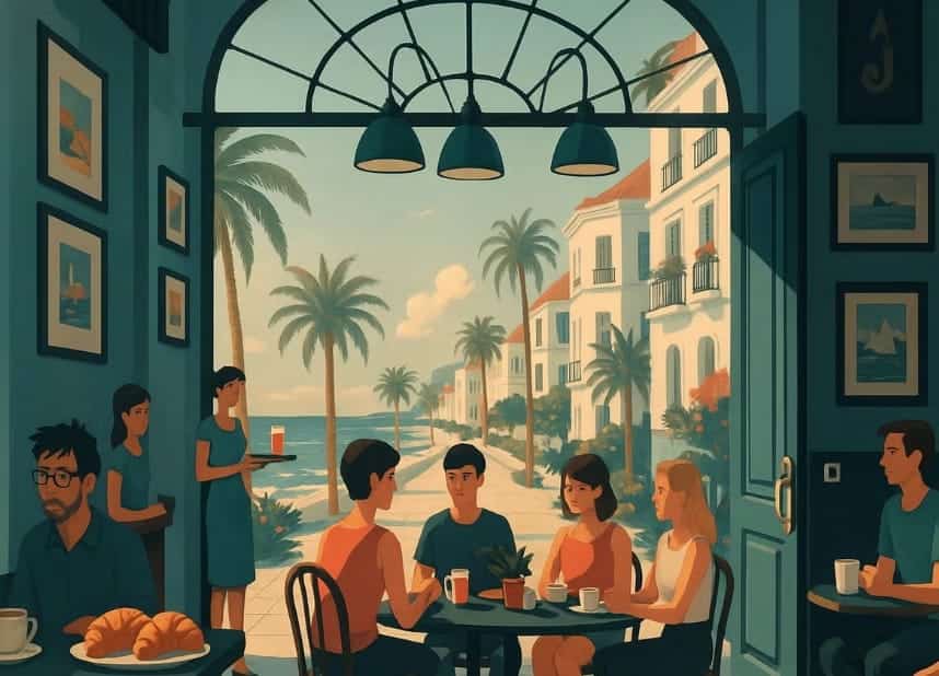 Emprendedores e inversores conectando con café matutino en Innovation Café Marbella en The Hub, Marbella.