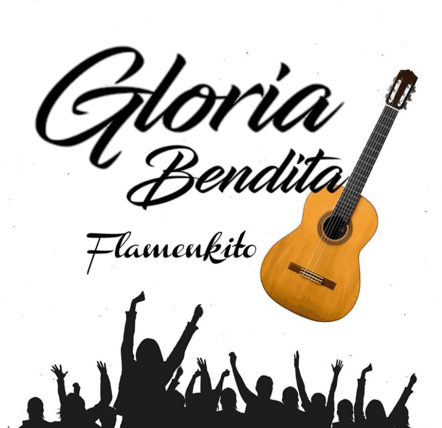 Logo for Gloria Bendita: black handwritten lettering Gloria Bendita” and “Flamenkito”, a tilted Spanish guitar, and cheering crowd silhouettes for flamenco-pop band.