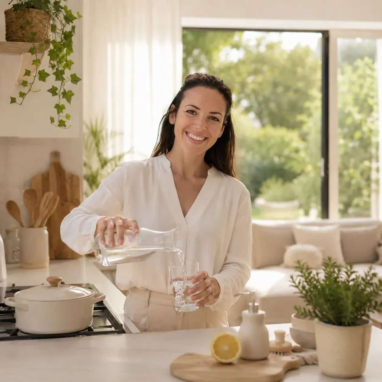Carmen Peinado preparando agua en una cocina luminosa y natural, imagen de hogar sin tóxicos, bienestar y hábitos saludables en Marbella.