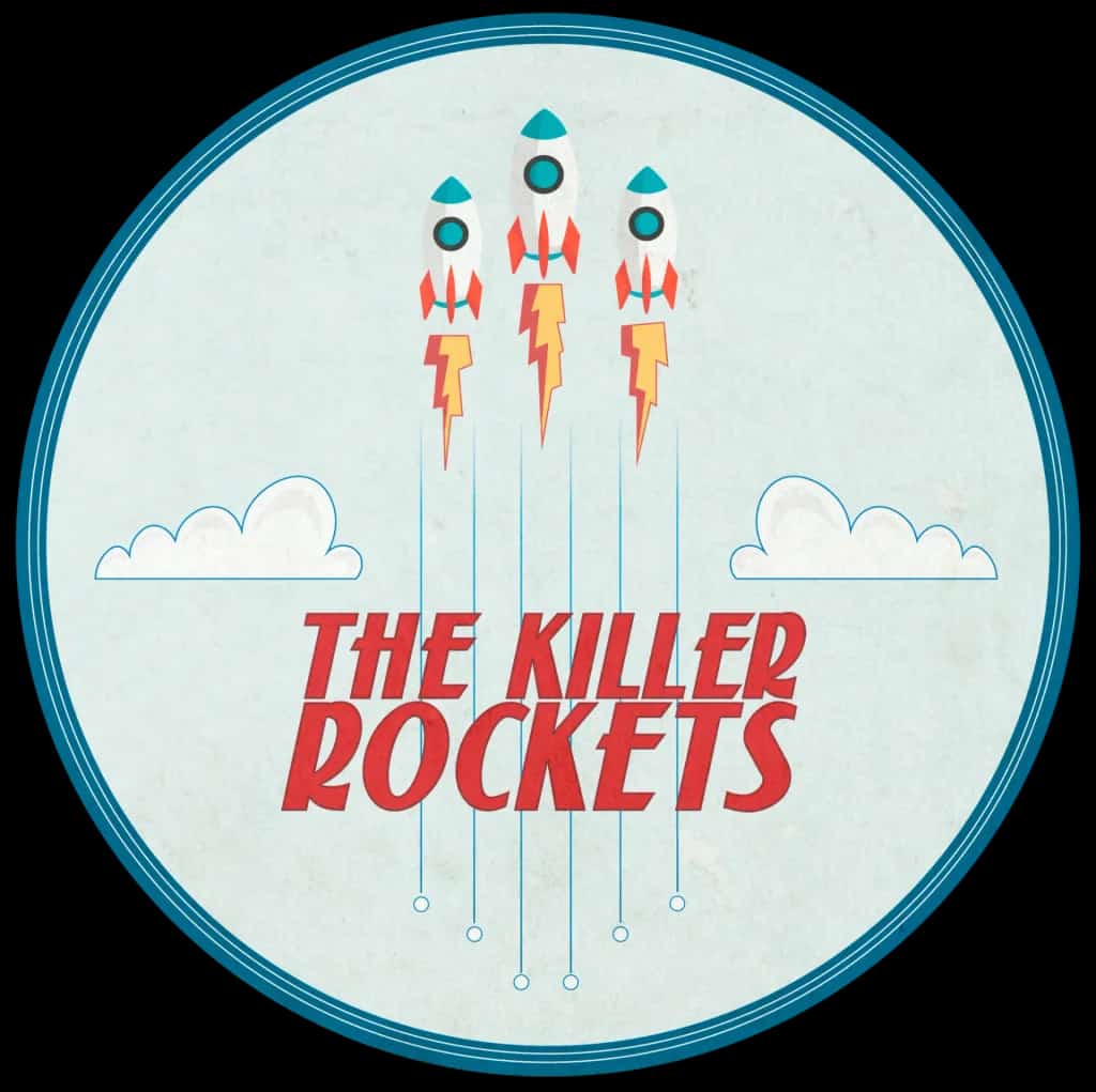 Logo de The Killer Rockets con cohetes despegando y nombre de la banda; identidad gráfica de cover band de rock.