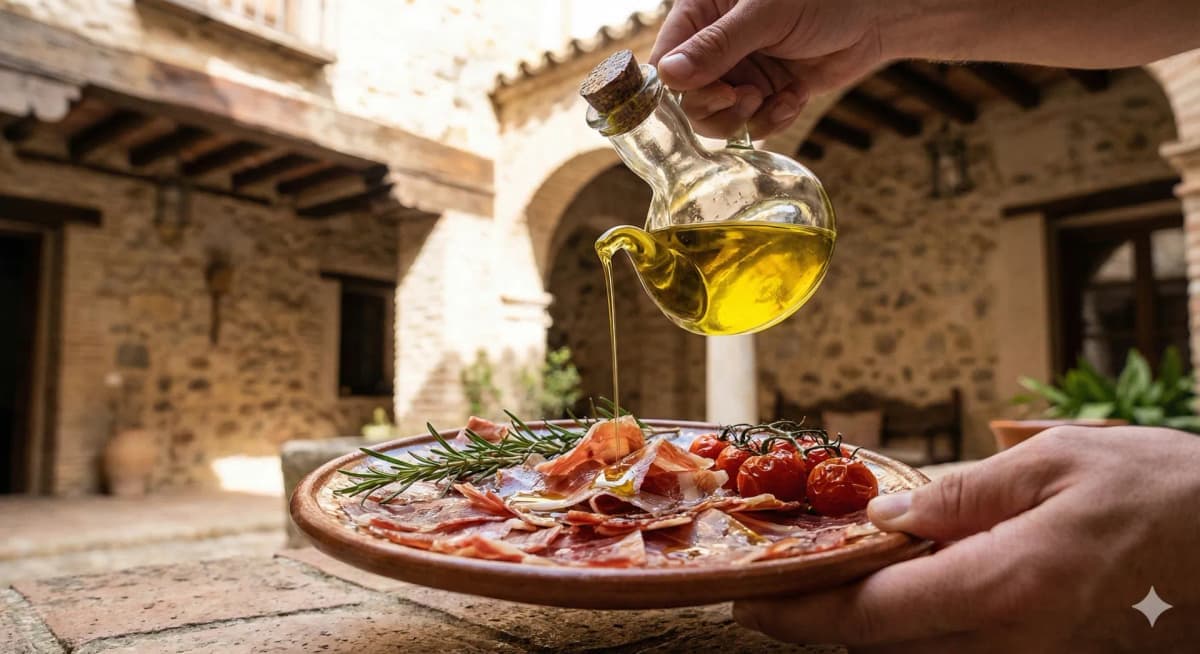 Una fotografía detallada en primer plano de un par de manos rociando un rico aceite de oliva dorado desde una aceitera de cristal sobre un plato de cerámica rústico lleno de jamón ibérico loncheado, ramitas de romero fresco y tomates cherry. El entorno es un antiguo y auténtico patio andaluz con muros de piedra, vigas de madera y luz natural que se filtra. El foco está en la textura de la comida y la acción del aceite, transmitiendo una sensación de tradición y experiencia sensorial.