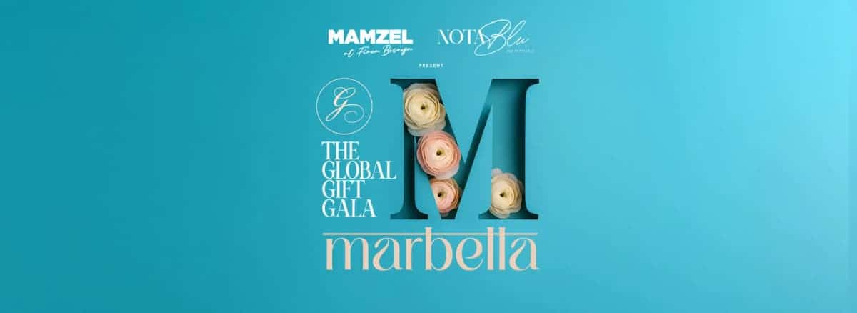 Cartel de The Global Gift Gala Marbella con fondo turquesa, logotipo del evento y mención a Mamzel y Nota Blu como colaboradores.