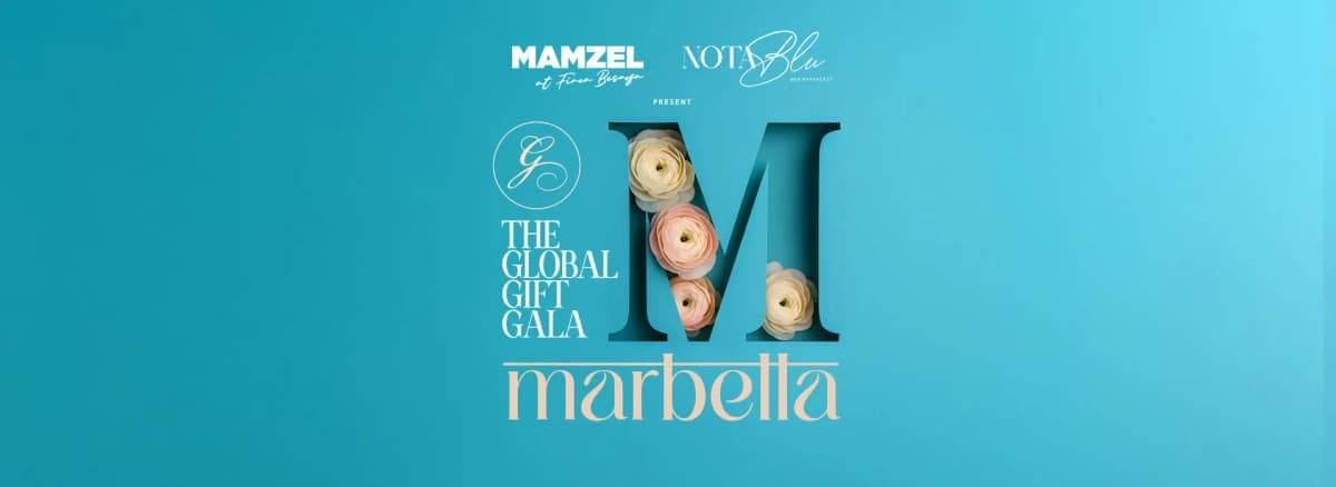 Cartel de The Global Gift Gala Marbella con fondo turquesa, logotipo del evento y mención a Mamzel y Nota Blu como colaboradores.