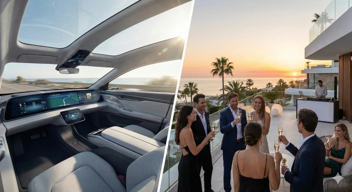 Composición visual que muestra el interior de un coche futurista y a personas disfrutando de una fiesta de lujo al atardecer en Marbella, simbolizando tecnología y estilo de vida integrados.