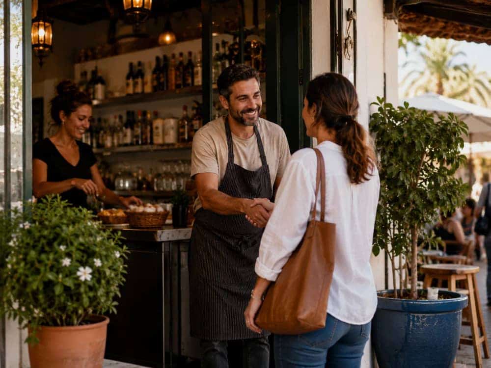 Local business welcoming a customer at the entrance, an example of approachable digital presence to appear better on Google, TeVienes and AI search engines.