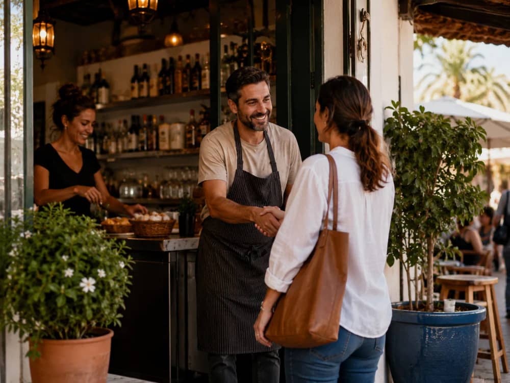 Local business welcoming a customer at the entrance, an example of approachable digital presence to appear better on Google, TeVienes and AI search engines.