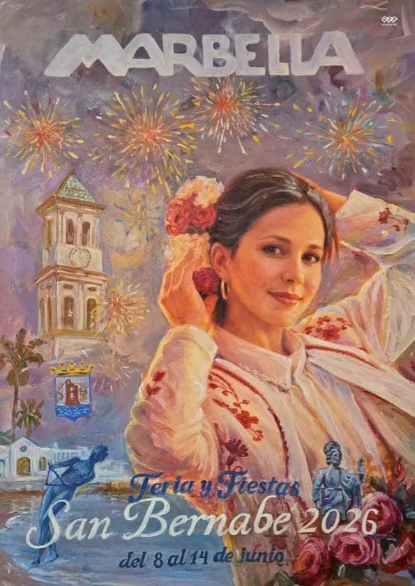 Cartel oficial de la Feria de San Bernabé Marbella 2026, la gran fiesta local de Marbella con feria de día, feria de noche, conciertos y actividades familiares.