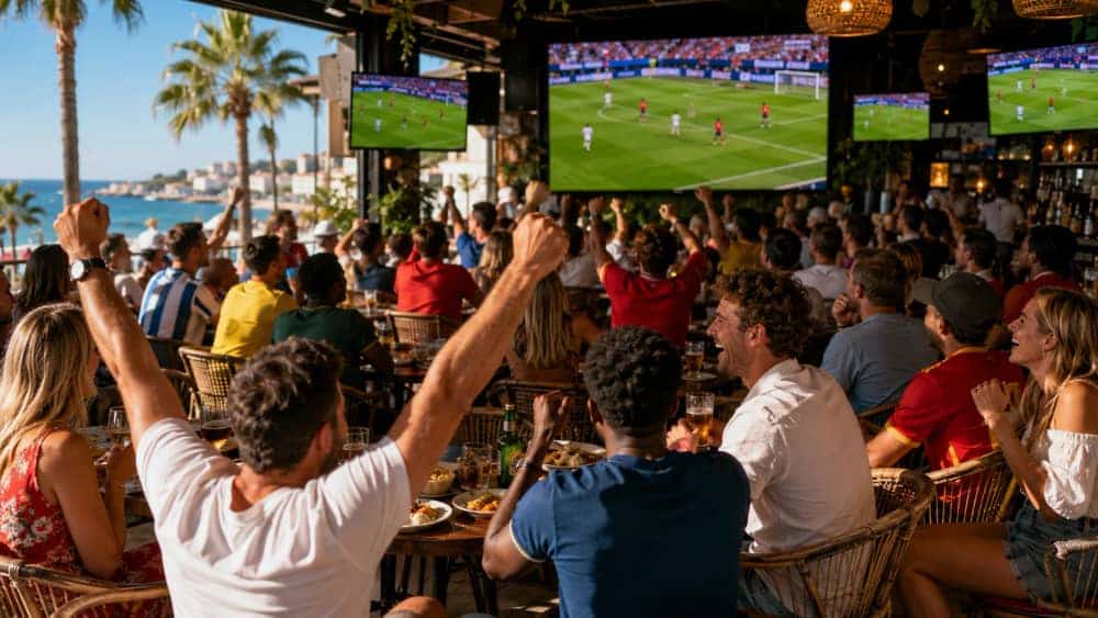 Personas viendo un partido del Mundial 2026 en directo en un bar de la Costa del Sol con pantallas, comida y ambiente internacional.