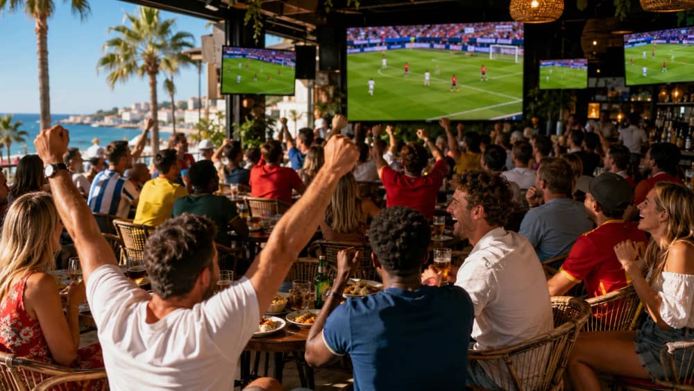 Personas viendo un partido del Mundial 2026 en directo en un bar de la Costa del Sol con pantallas, comida y ambiente internacional.