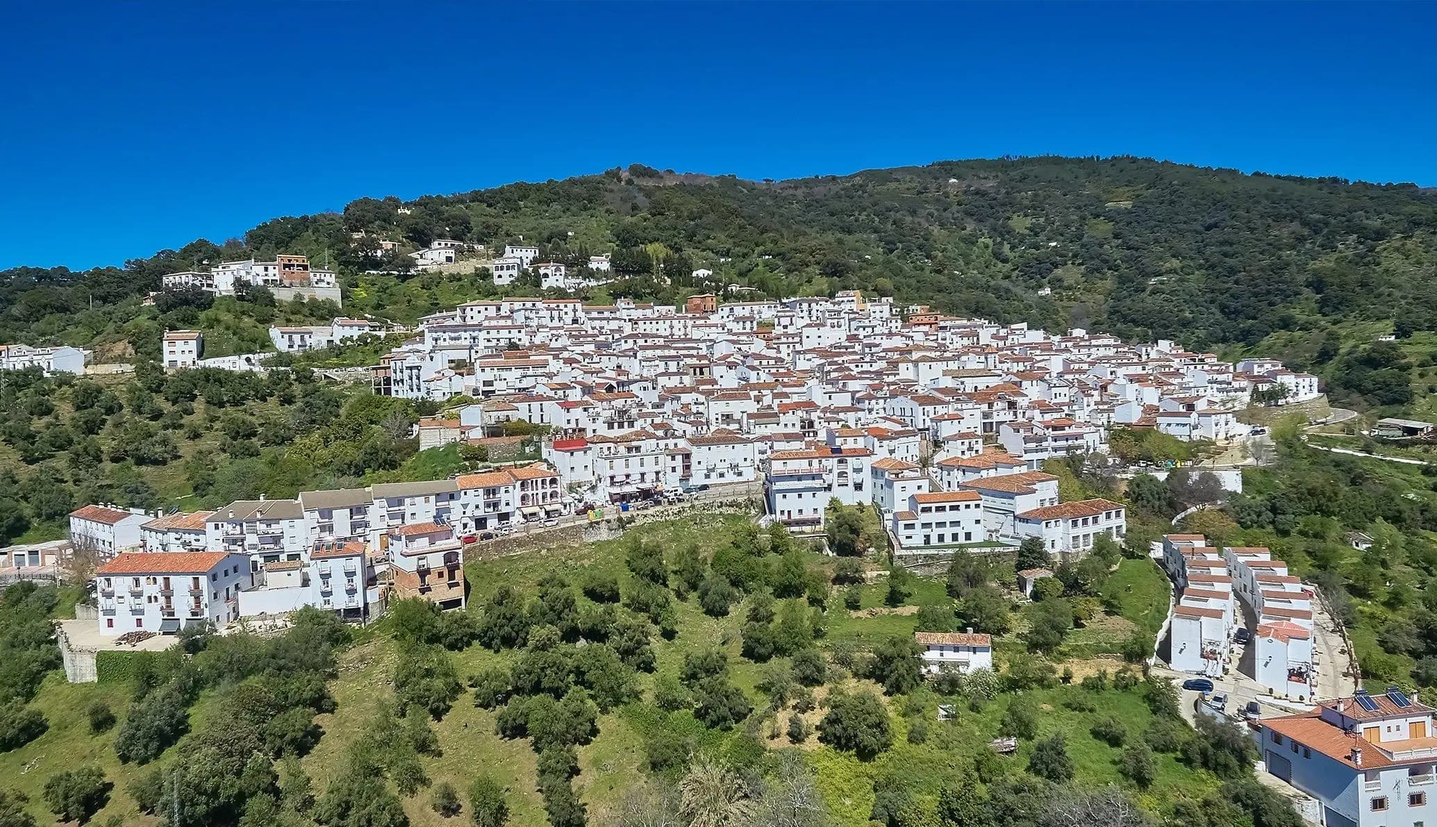 Pueblo blanco de Jubrique en ladera con tejados de terracota y paisaje montañoso verde en Málaga