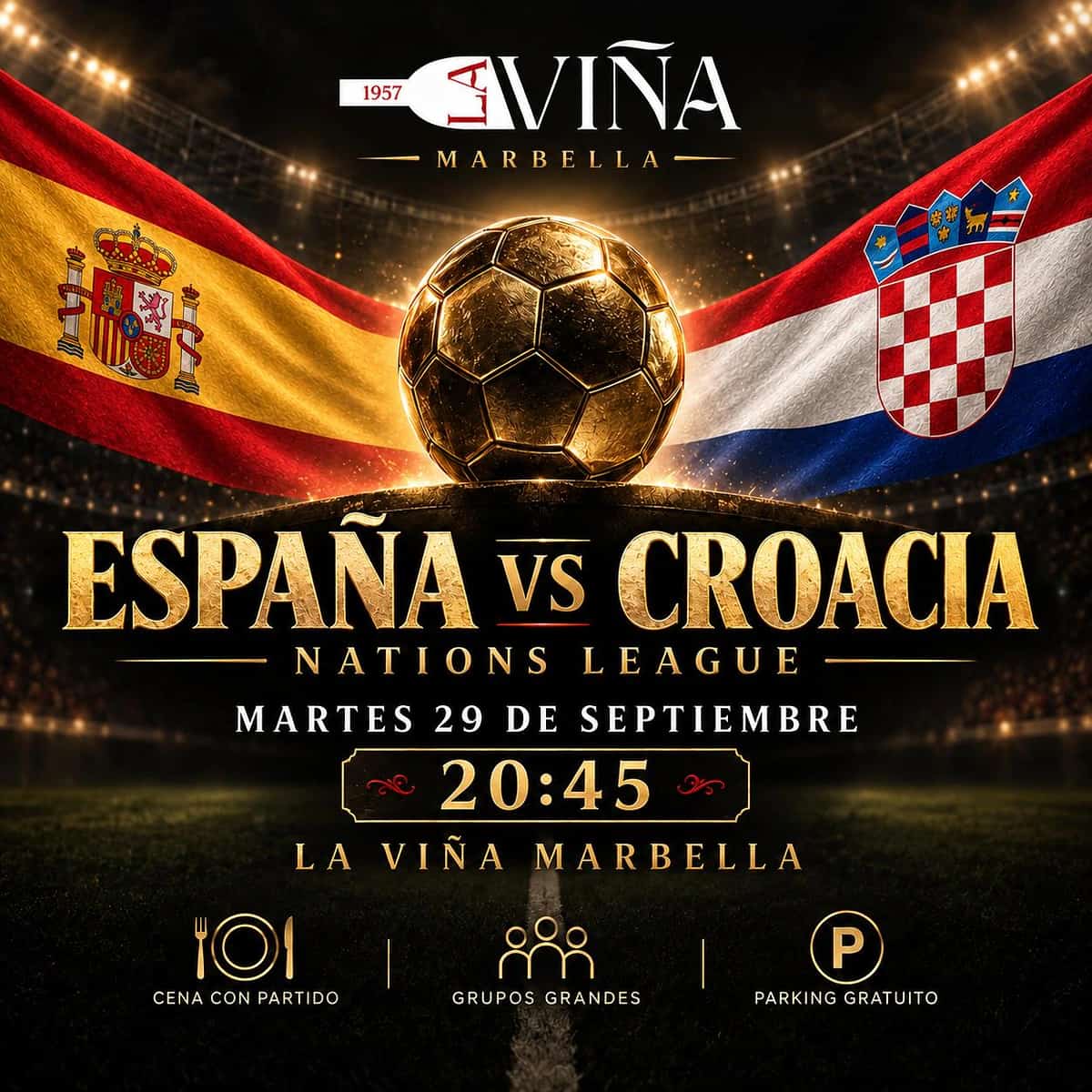 Cartel de España vs Croacia de la Nations League en La Viña Marbella, el martes 29 de septiembre a las 20:45