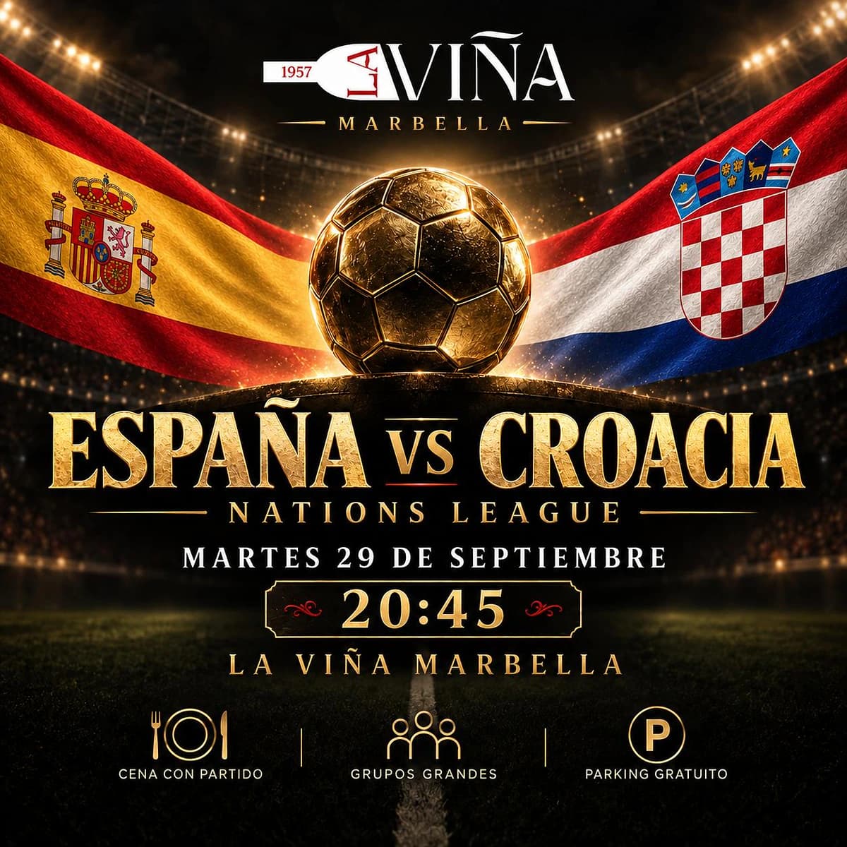 Cartel de España vs Croacia de la Nations League en La Viña Marbella, el martes 29 de septiembre a las 20:45