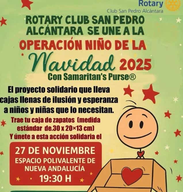 Poster for “Operation Christmas Child 2025” by Rotary Club San Pedro Alcántara, with green background and red stars, a drawing of a smiling child inside a box with a heart and text about bringing charity shoeboxes on 27 November at Espacio Polivalente Nueva Andalucía.