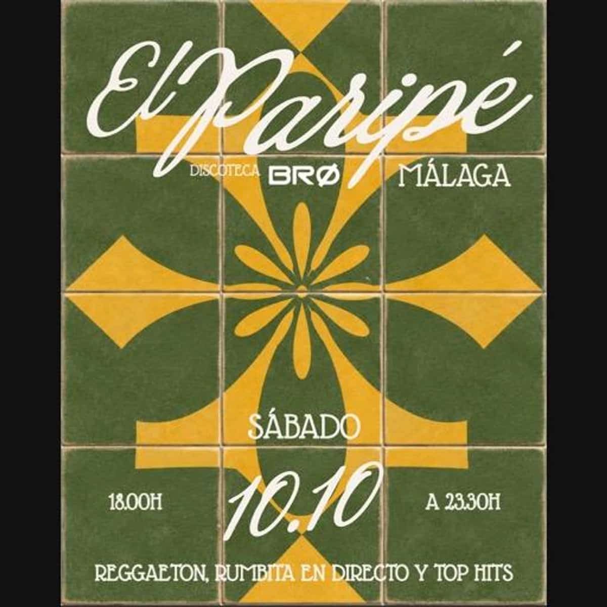 Cartel de Paripé Tardeo en BRØ Málaga: diseño de azulejos verdes y amarillos con el sábado 10 de octubre, horario de 18:00 a 23:30 y rumba en directo.
