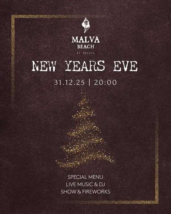 Cartel del evento de Año Nuevo en Malva Beach con cena especial, barra libre, música en vivo, DJ y fuegos artificiales con champaña y uvas.