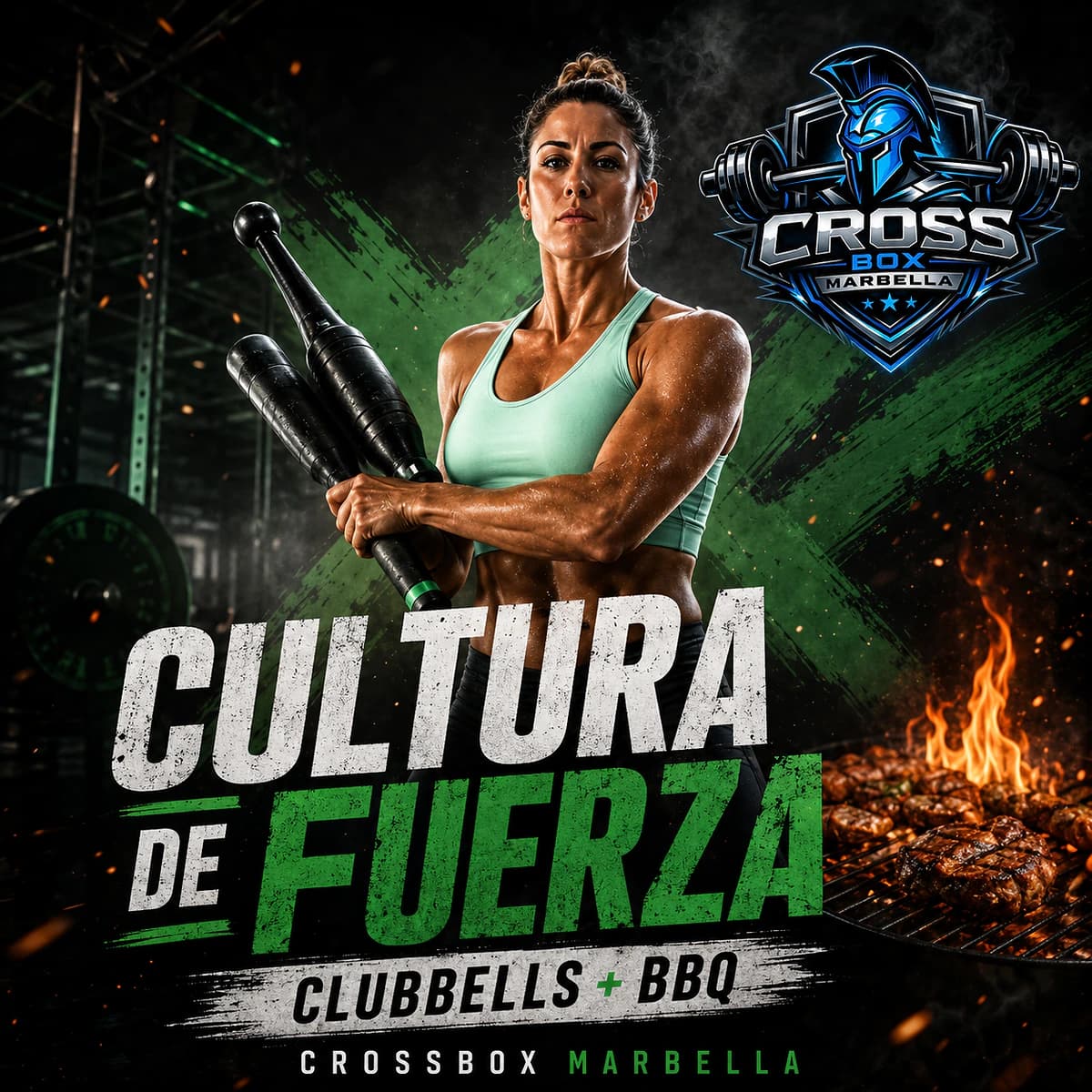 Cartel promocional de Cultura de Fuerza en CrossBox Marbella con una atleta sosteniendo clubbells en primer plano, fondo de gimnasio oscuro, logo del box y una parrilla encendida que refuerza el concepto Clubbells + BBQ.