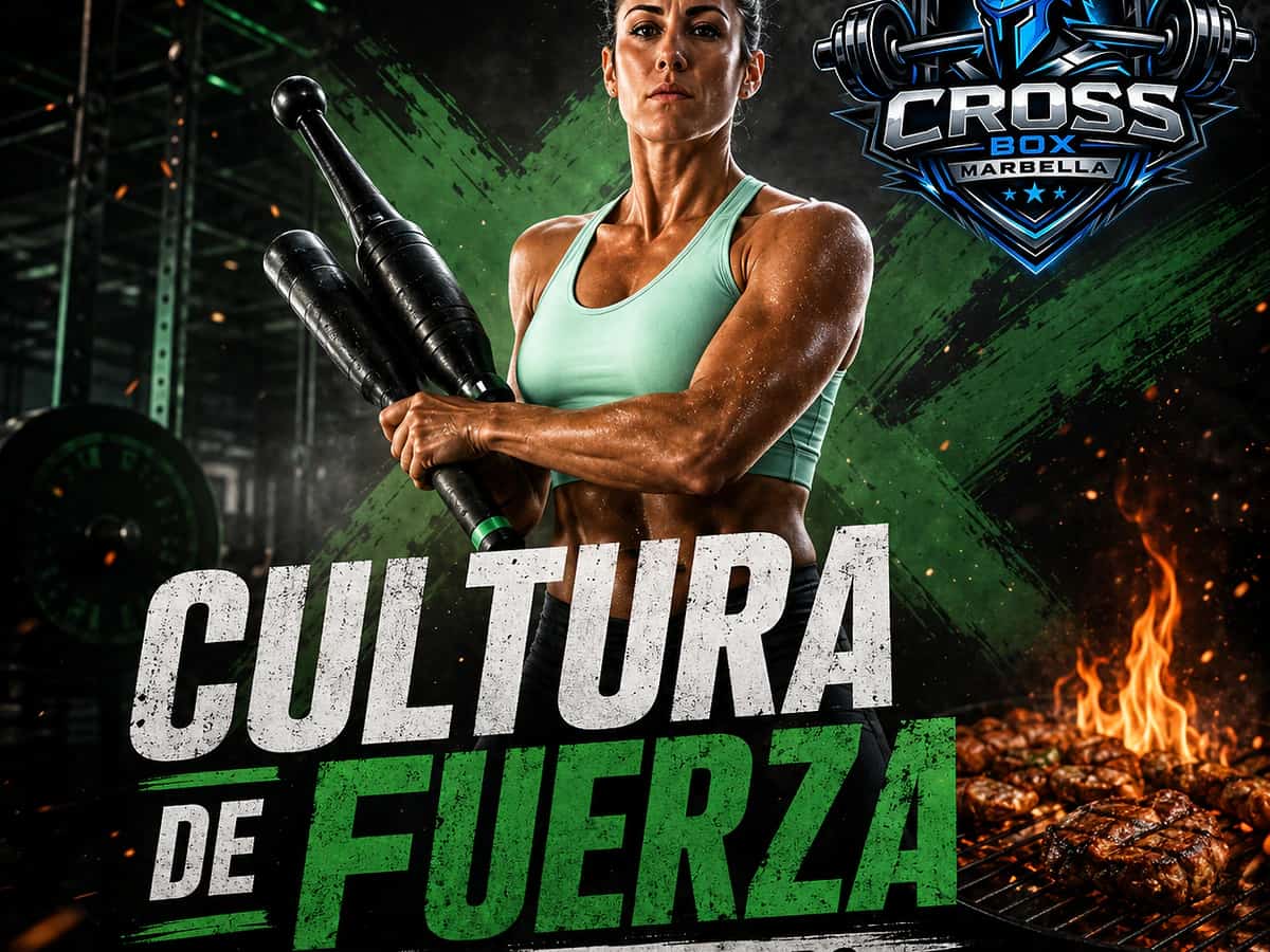Cartel promocional de Cultura de Fuerza en CrossBox Marbella con una atleta sosteniendo clubbells en primer plano, fondo de gimnasio oscuro, logo del box y una parrilla encendida que refuerza el concepto Clubbells + BBQ.