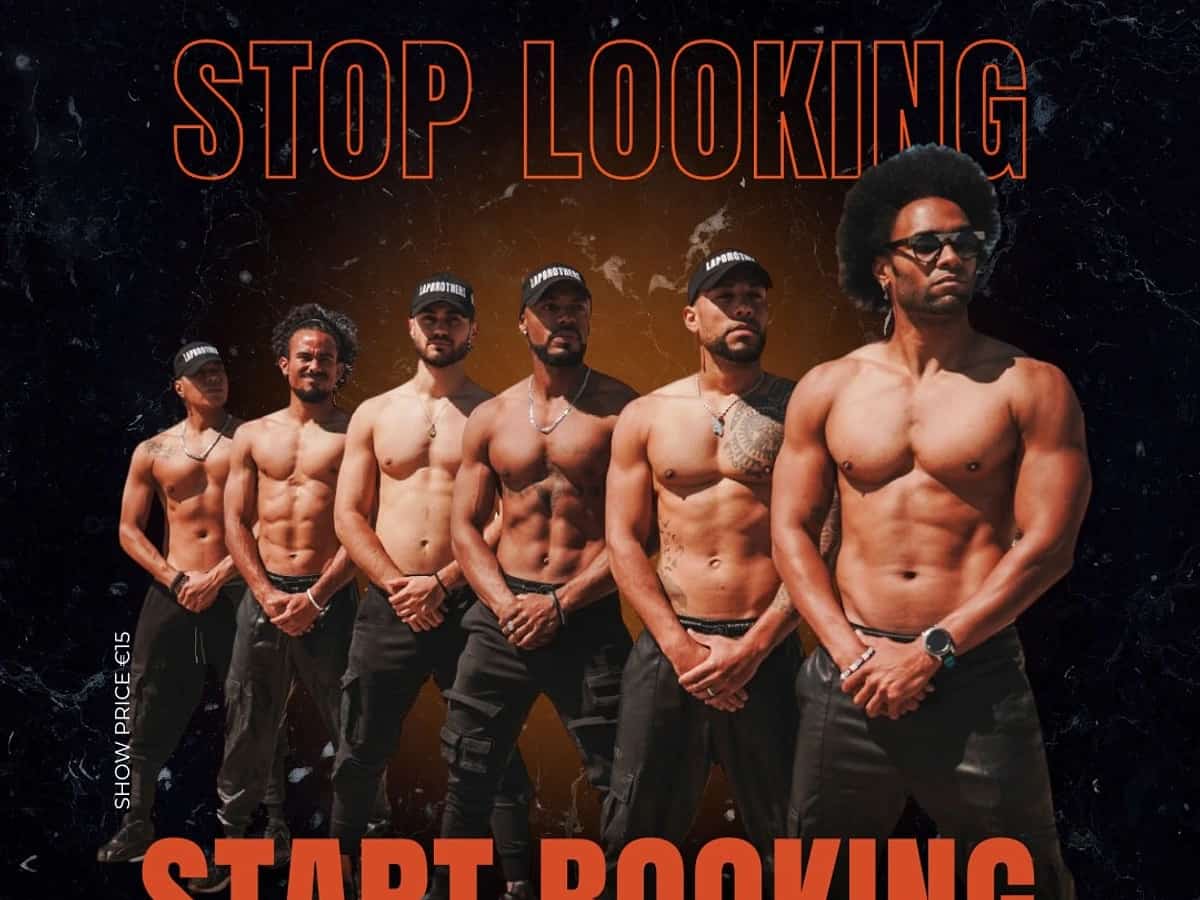 Cartel del Magic Mike Tribute Live en La Sala Puerto Banús con seis bailarines de The Lap Brothers y anuncio del show del jueves 4 de junio.