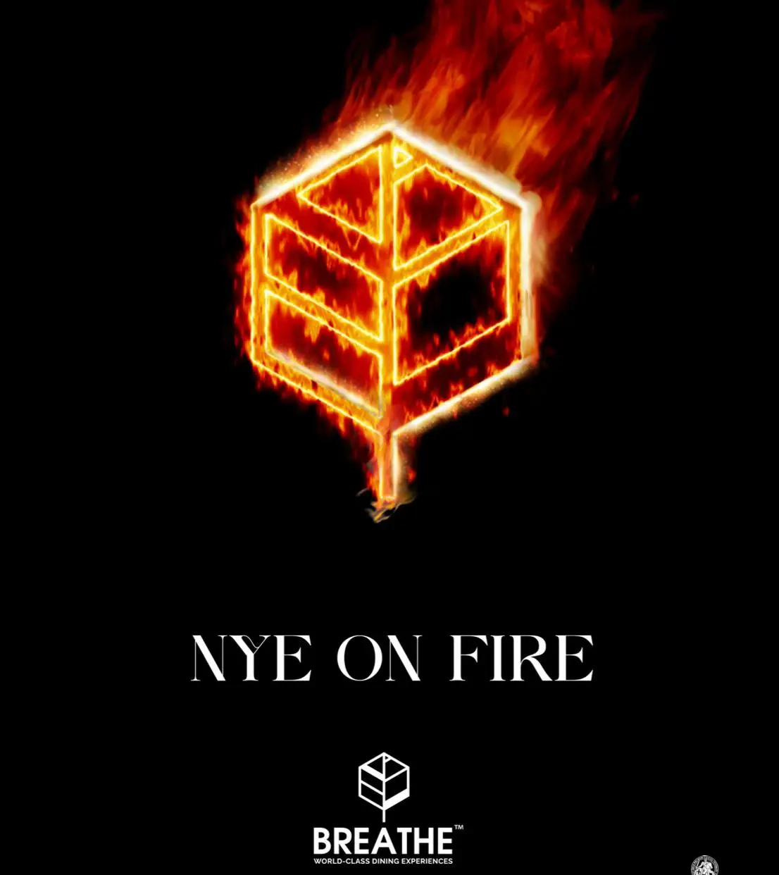 Cartel de “New Year’s Eve ON FIRE” en BREATHE Marbella, con diseño festivo de Nochevieja, fuegos artificiales y texto con la fecha 31 de diciembre de 2025, el logo de BREATHE y llamada a reservar mesa para la cena y fiesta de fin de año en Nueva Andalucía.