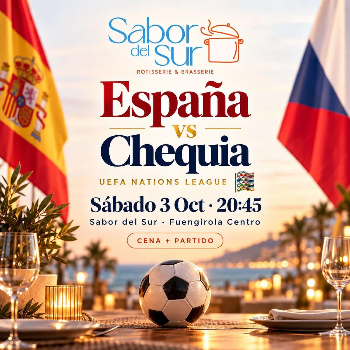 Cartel del España contra Chequia de la Nations League para disfrutar del partido durante la cena en Sabor del Sur, Fuengirola.