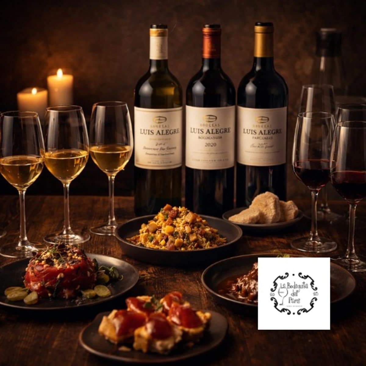 Cartel del evento Wine Harmonies presentando un maridaje de Atún, Carrillera y vinos Luis Alegre.