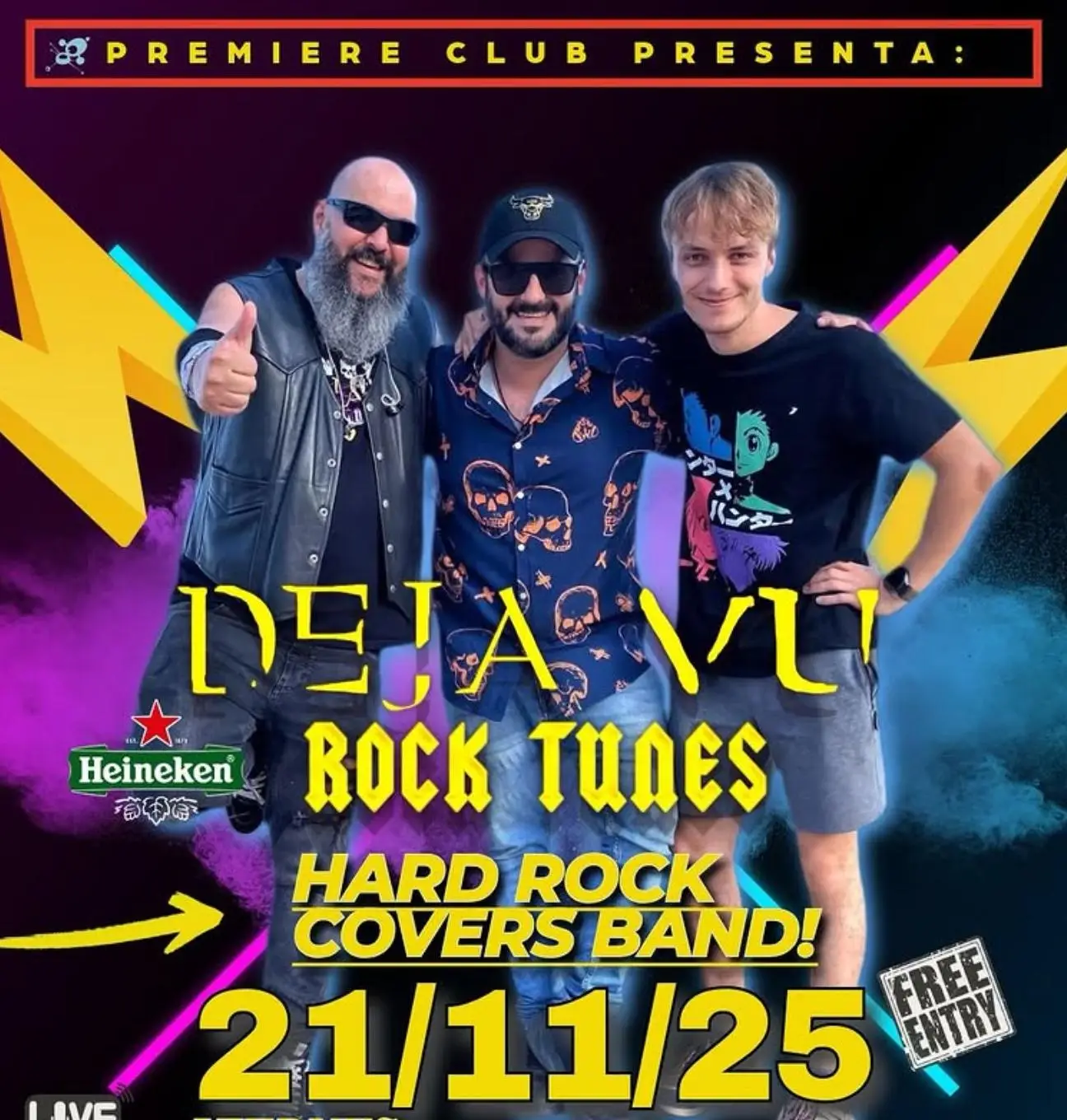 Cartel del concierto de la banda Deja Vu Rock Tunes en Premiere Club Marbella: tres músicos posan sonrientes sobre fondo morado y azul con rayos amarillos, texto “Hard Rock Covers Band”, fecha 21/11/25, hora 23:30 h, entrada libre y localización Plaza de los Olivos, Marbella.