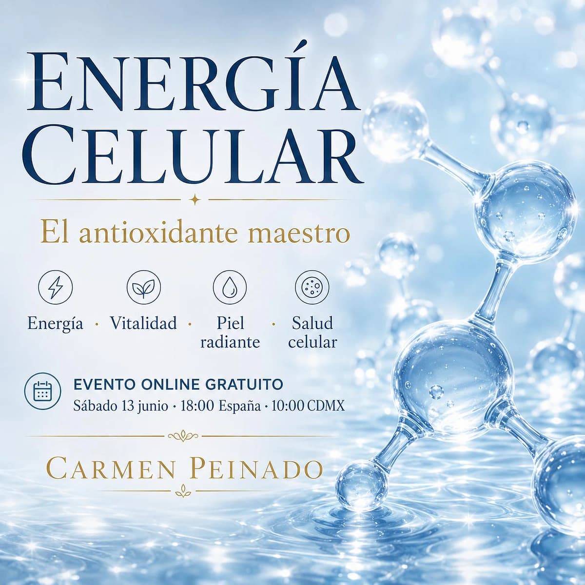 Cartel de evento online gratuito de Carmen Peinado sobre energía celular, antioxidantes, vitalidad, inflamación y bienestar consciente.