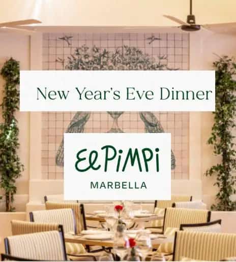 Poster for “El Pimpi — New Year’s Eve Dinner” showing Wednesday, 31 December from 8:00 p.m., à la carte with €250 minimum spend, live music