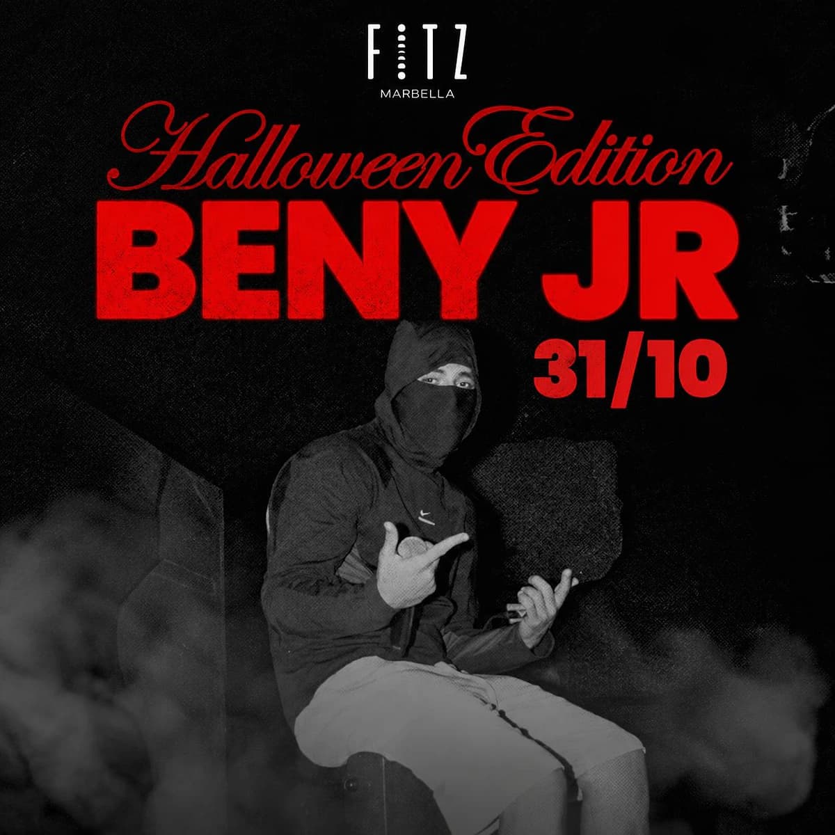 Cartel Halloween Edition de Beny Jr en FITZ Marbella, con figura enmascarada entre humo, fondo negro y nombre del artista en grandes letras rojas.