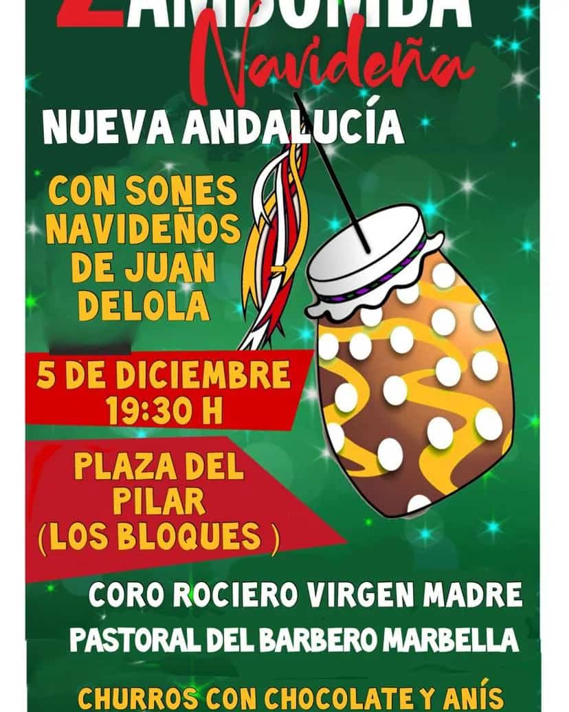 Cartel del evento Zambomba Navideña en Nueva Andalucía el 5 de diciembre, con música en vivo de Juan Delola y churros con chocolate.