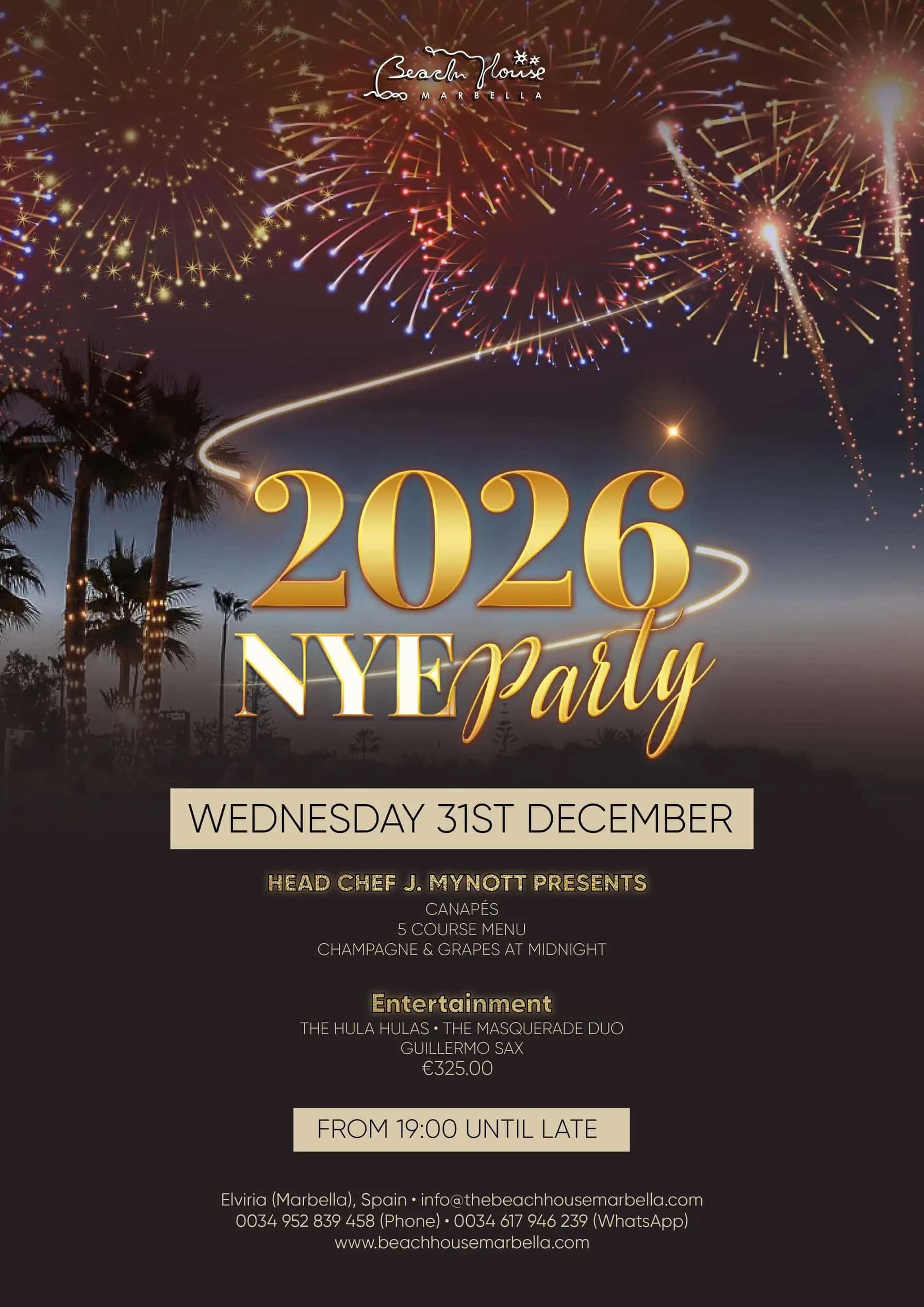 New Year’s Eve beachfront dinner with live music, fireworks and candlelit tables