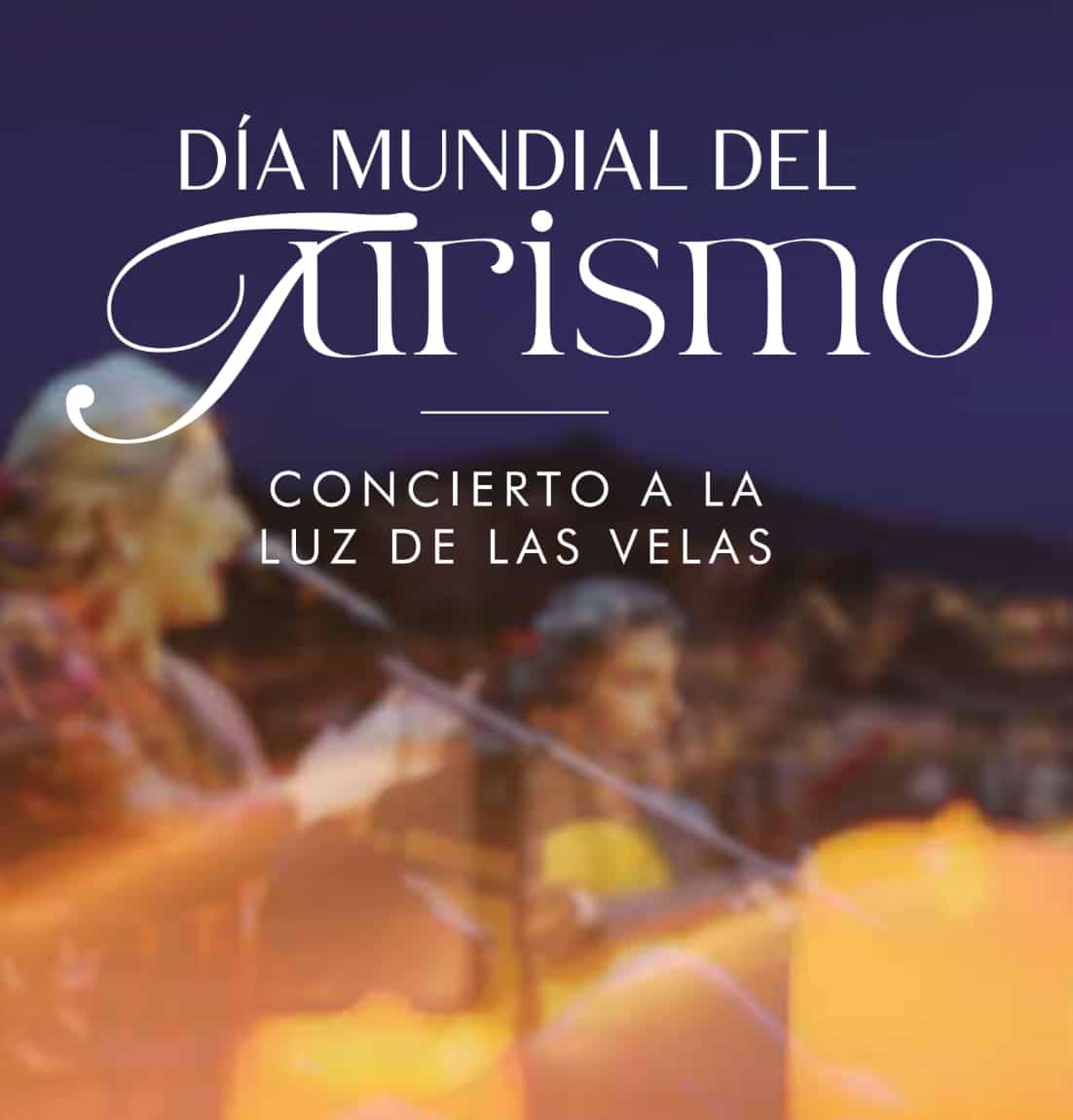 Poster for the candle-lit classical concert on World Tourism Day along Av. Marqués del Duero, San Pedro Alcántara, featuring string musicians in warm candlelight.