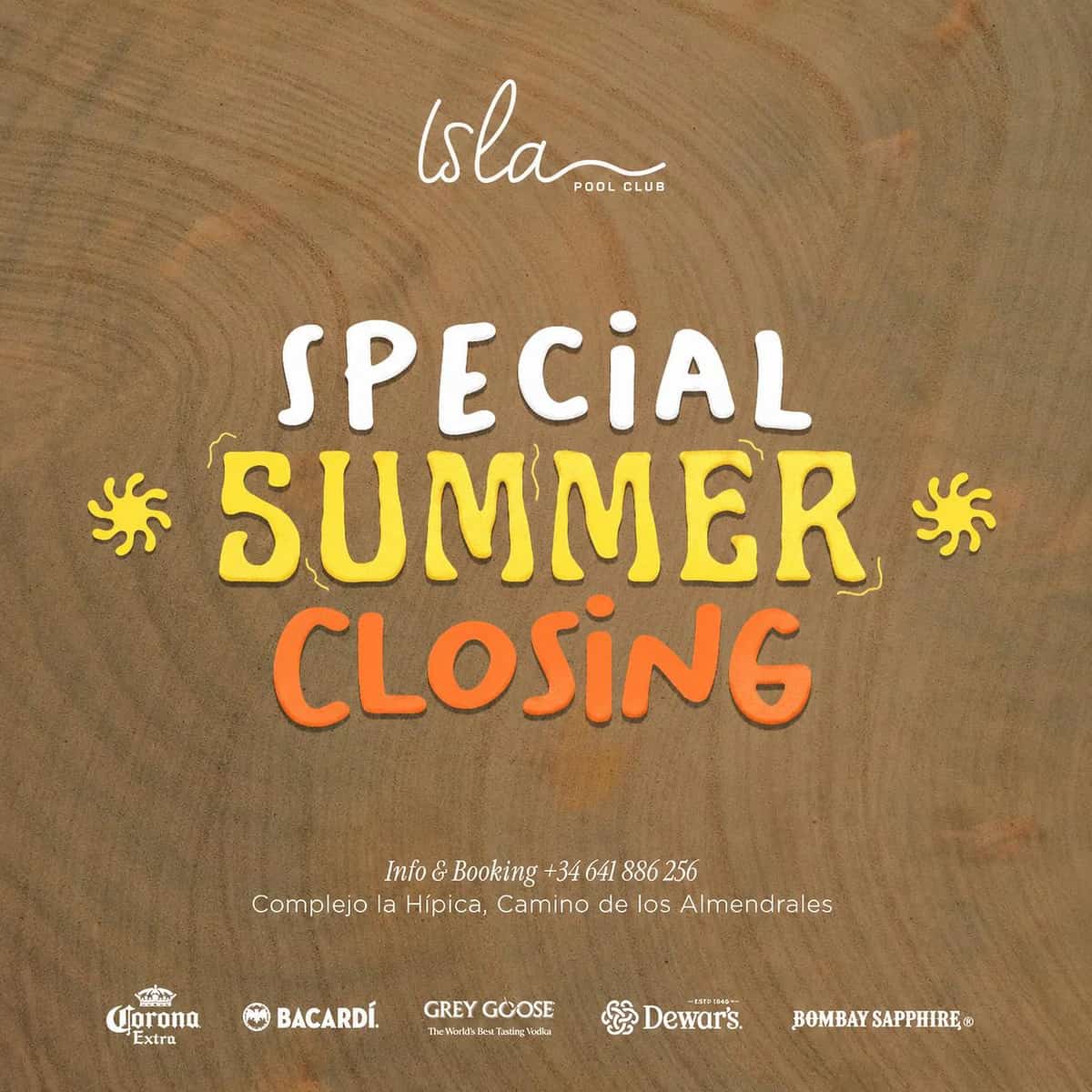 Cartel de Closing Isla Pool con fondo beige y textura veraniega, logotipo de Isla Pool Club, texto “Special Summer Closing” y logos de marcas de bebidas en la parte inferior.
