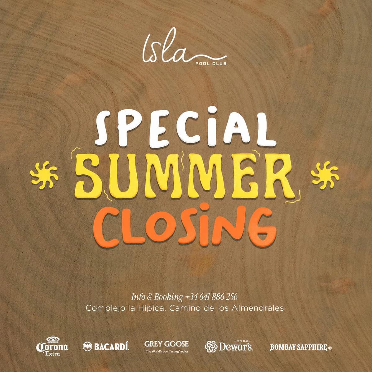 Cartel de Closing Isla Pool con fondo beige y textura veraniega, logotipo de Isla Pool Club, texto “Special Summer Closing” y logos de marcas de bebidas en la parte inferior.