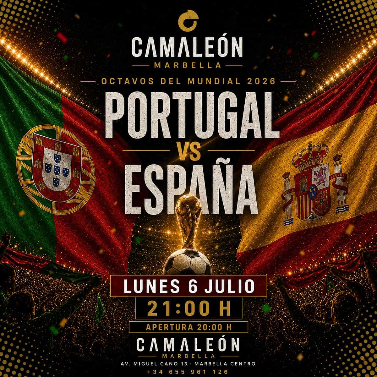Cartel de retransmisión en directo de Portugal vs España en los octavos del Mundial 2026 con ambiente de fútbol internacional y noche de partido en Marbella centro.