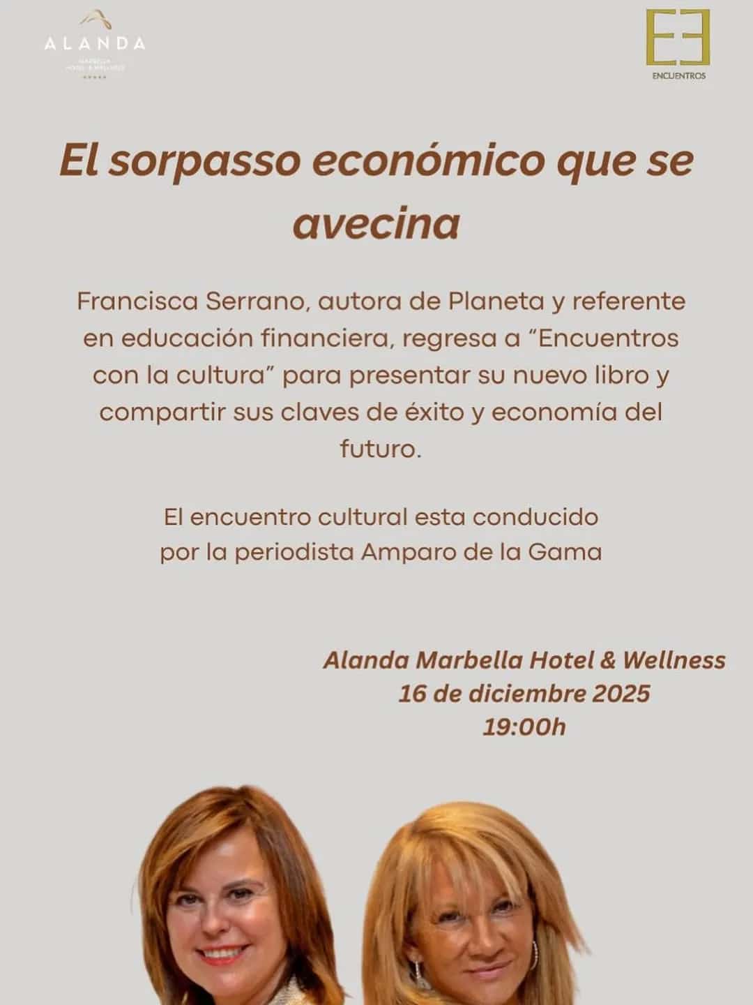 Event poster for Financial Wisdom Talk featuring Francisca Serrano, showing date Dec 16 at Hotel Alanda, Marbella, including imagery of economic symbols and speaker photo.